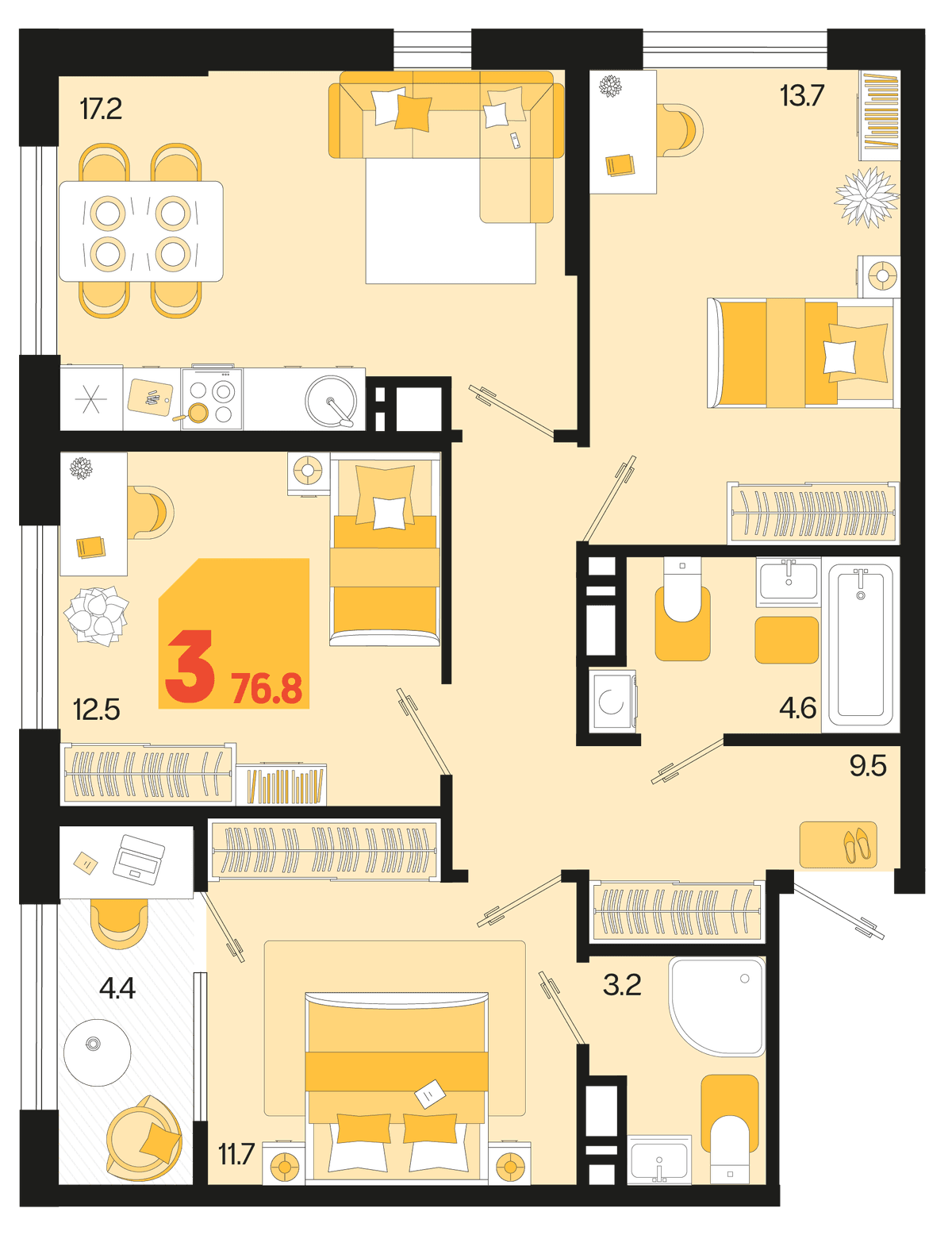 3-к, 76.8 м² · Первое место