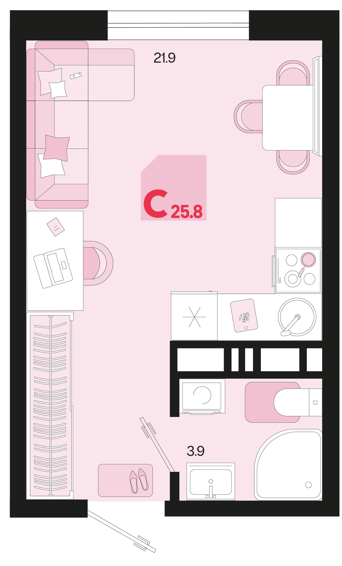 Студия, 25.8 м² · Первое место