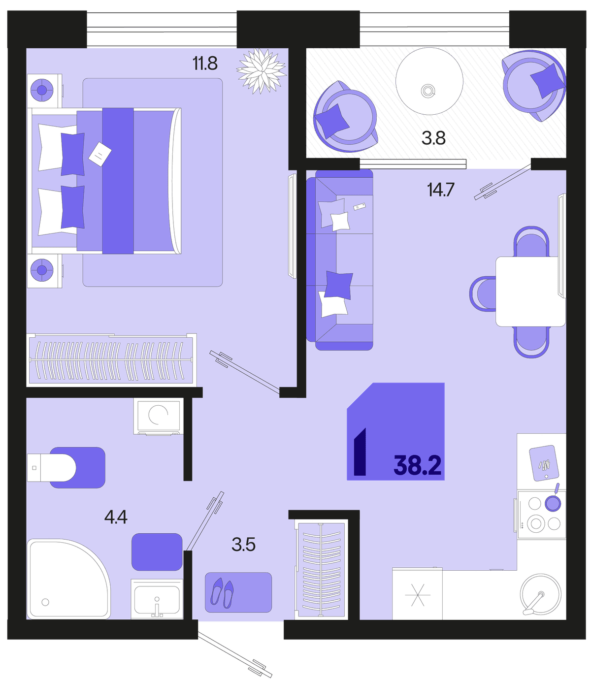 1-к, 38.2 м² · Первое место