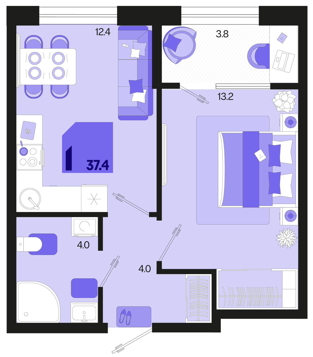 1-к, 37.4 м² · Первое место