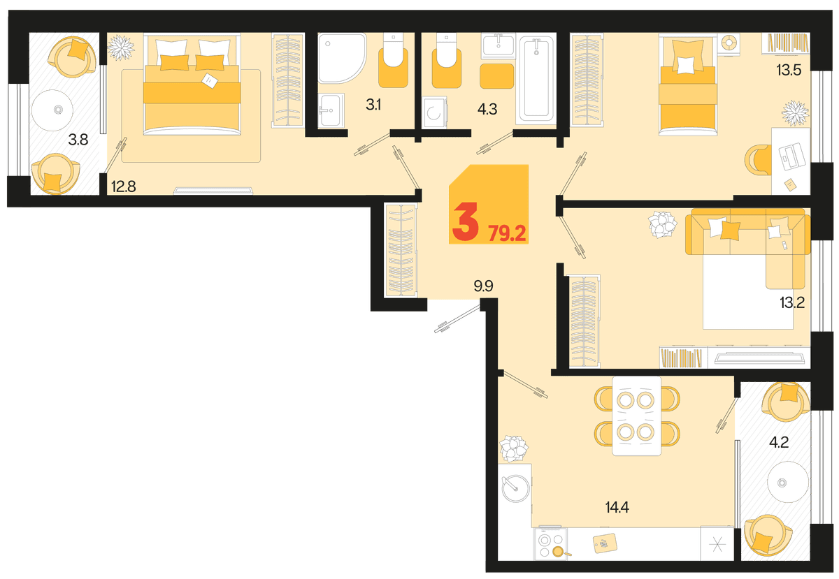 3-к, 79.2 м² · Первое место