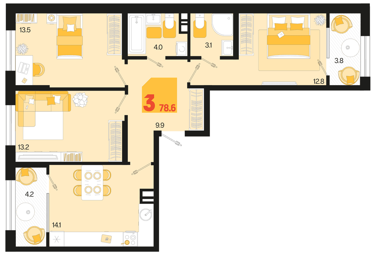 3-к, 78.6 м² · Первое место