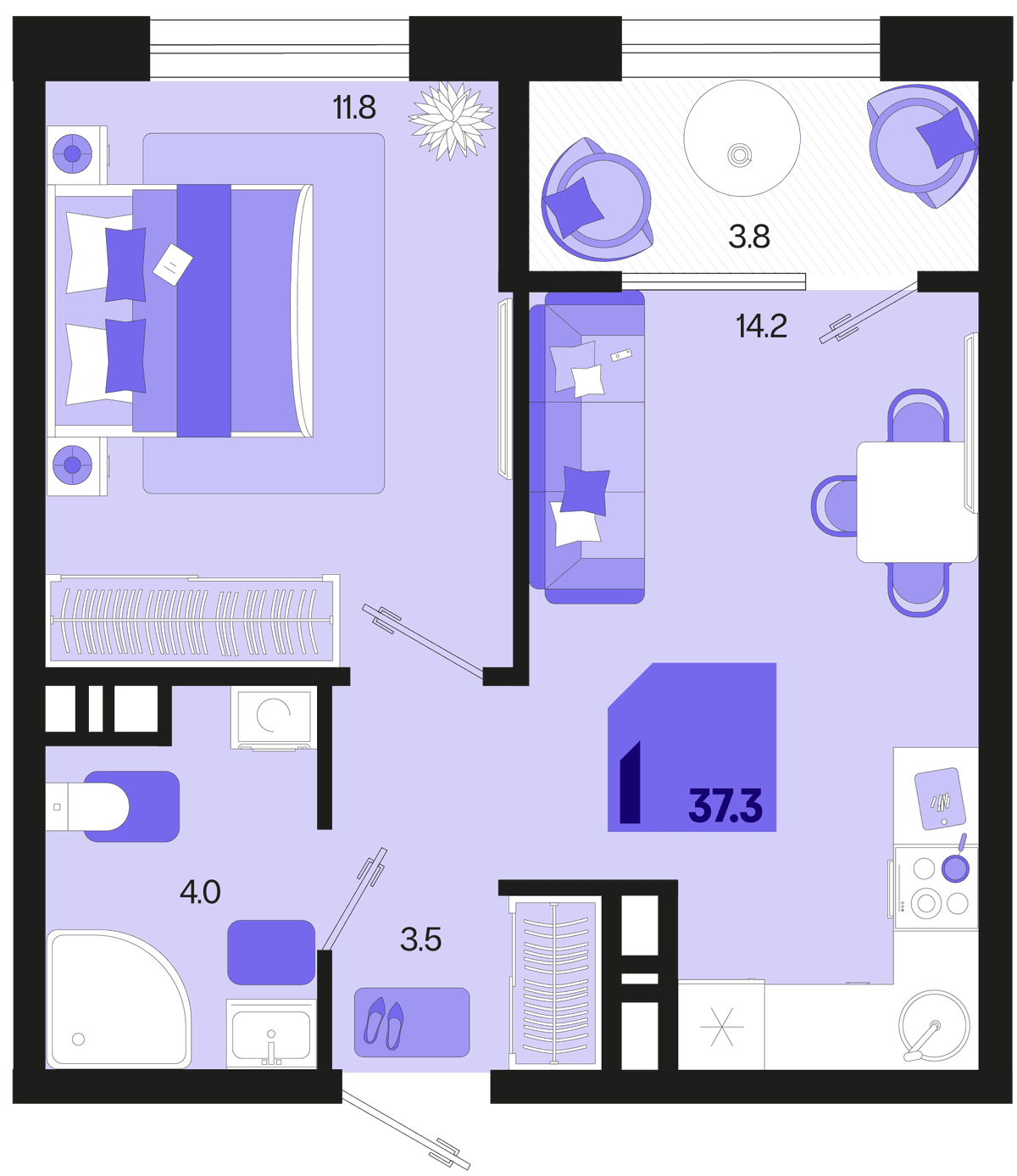 1-к, 37.3 м² · Первое место