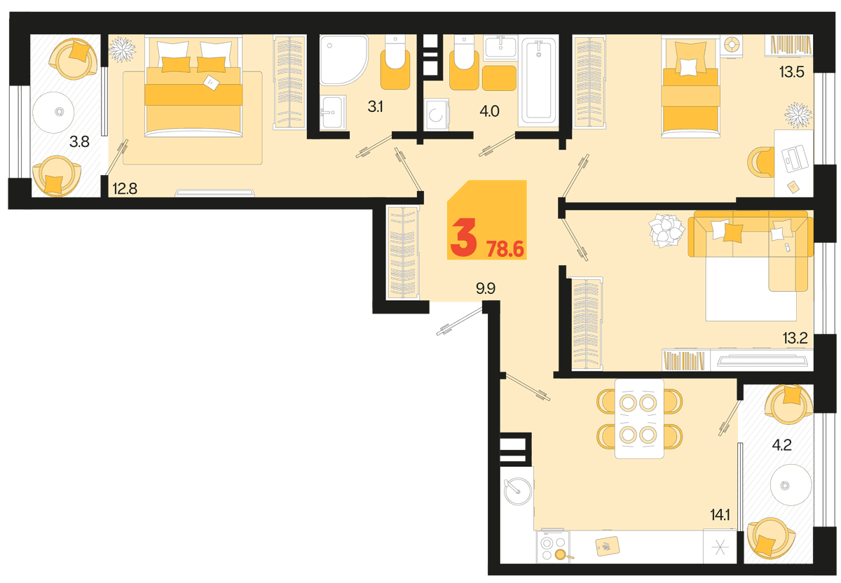 3-к, 78.6 м² · Первое место