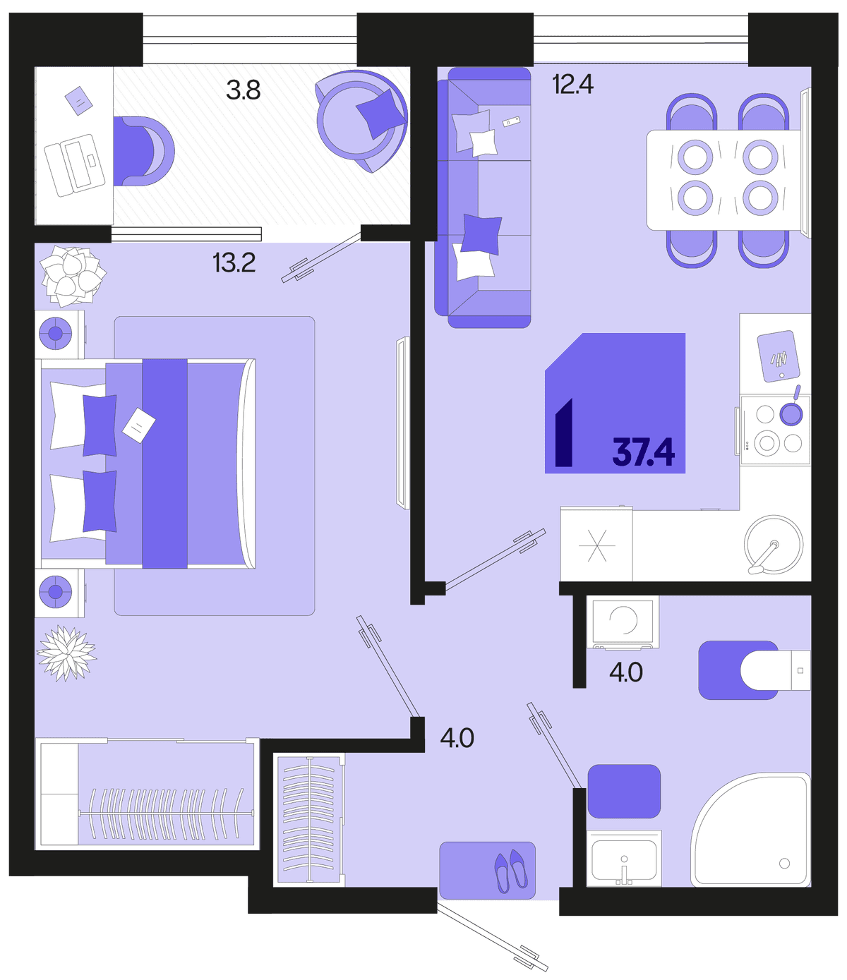 1-к, 37.4 м² · Первое место