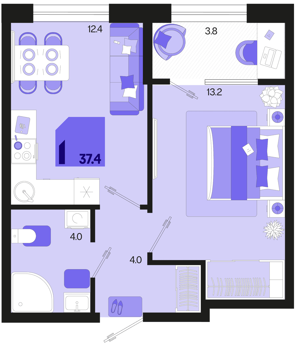 1-к, 37.4 м² · Первое место