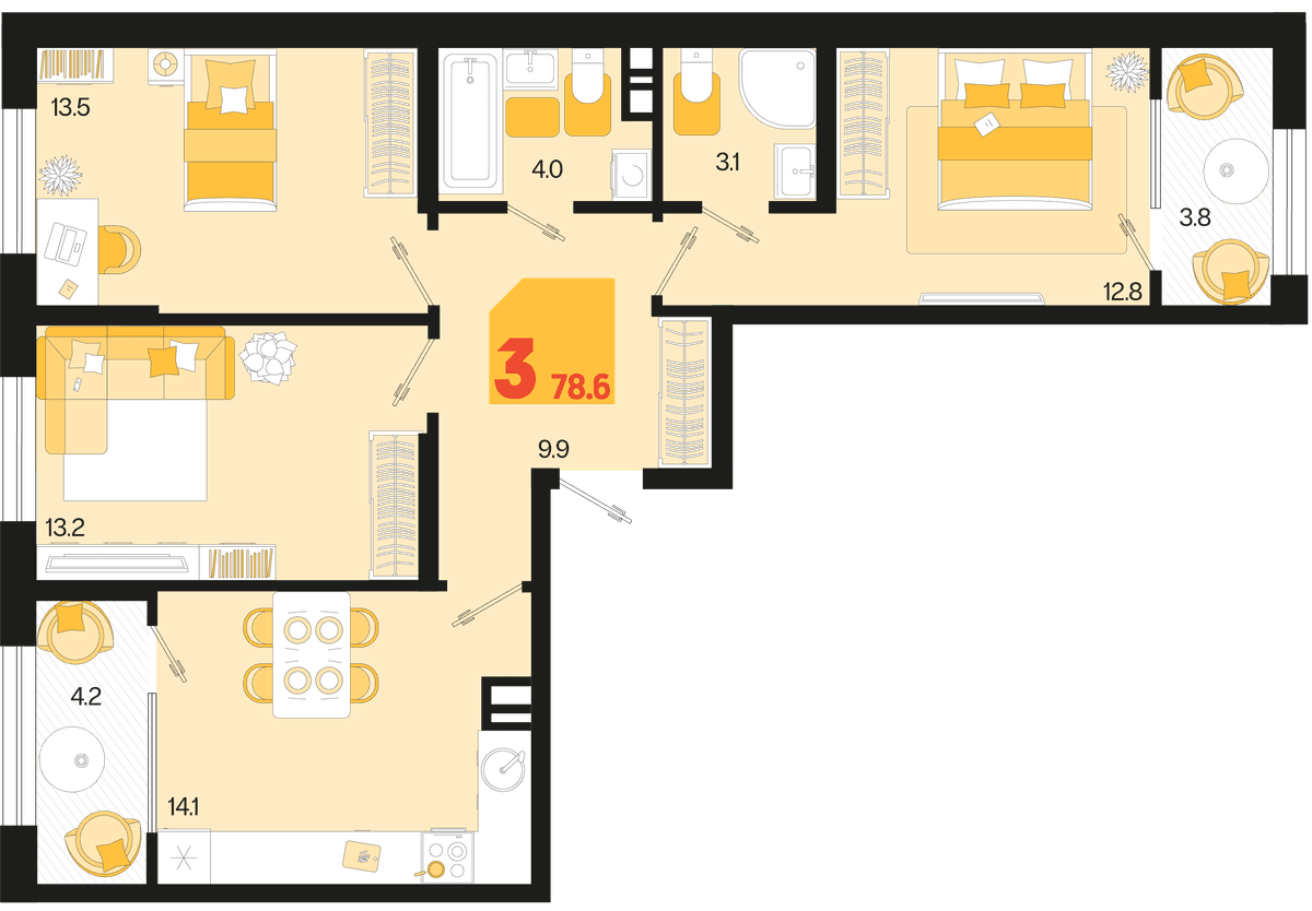 3-к, 78.6 м² · Первое место