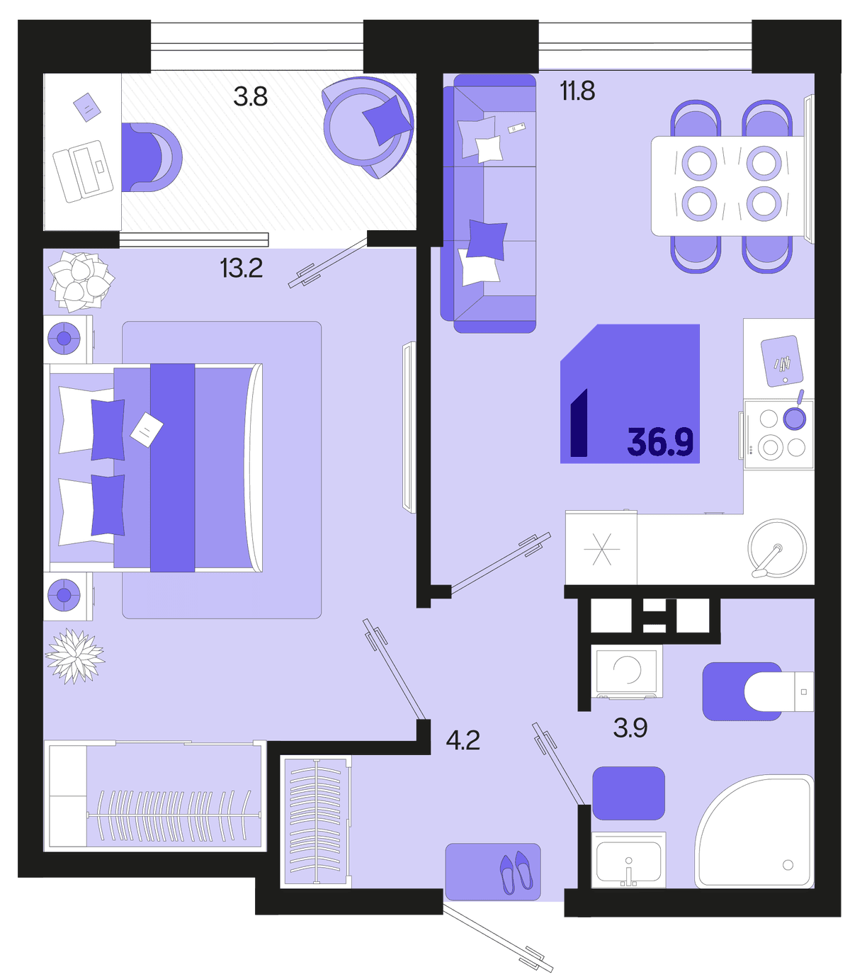1-к, 36.9 м² · Первое место