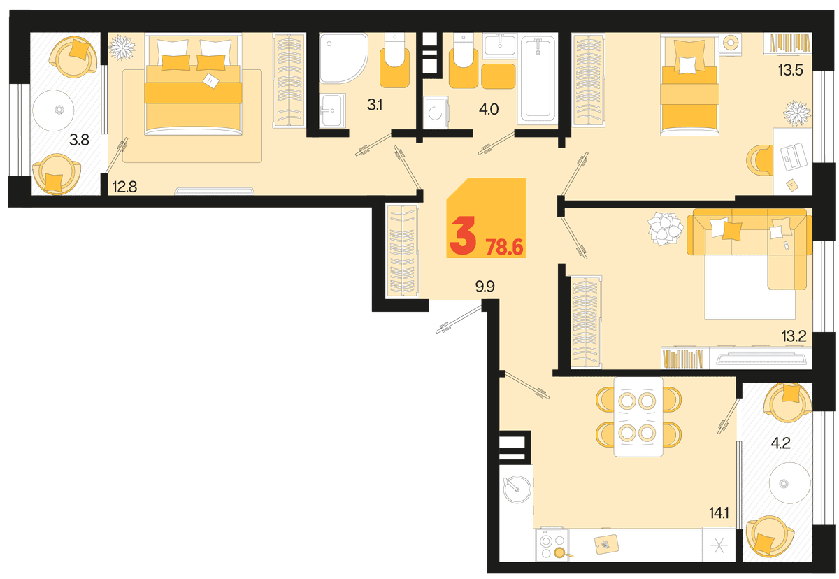 3-к, 78.6 м² · Первое место