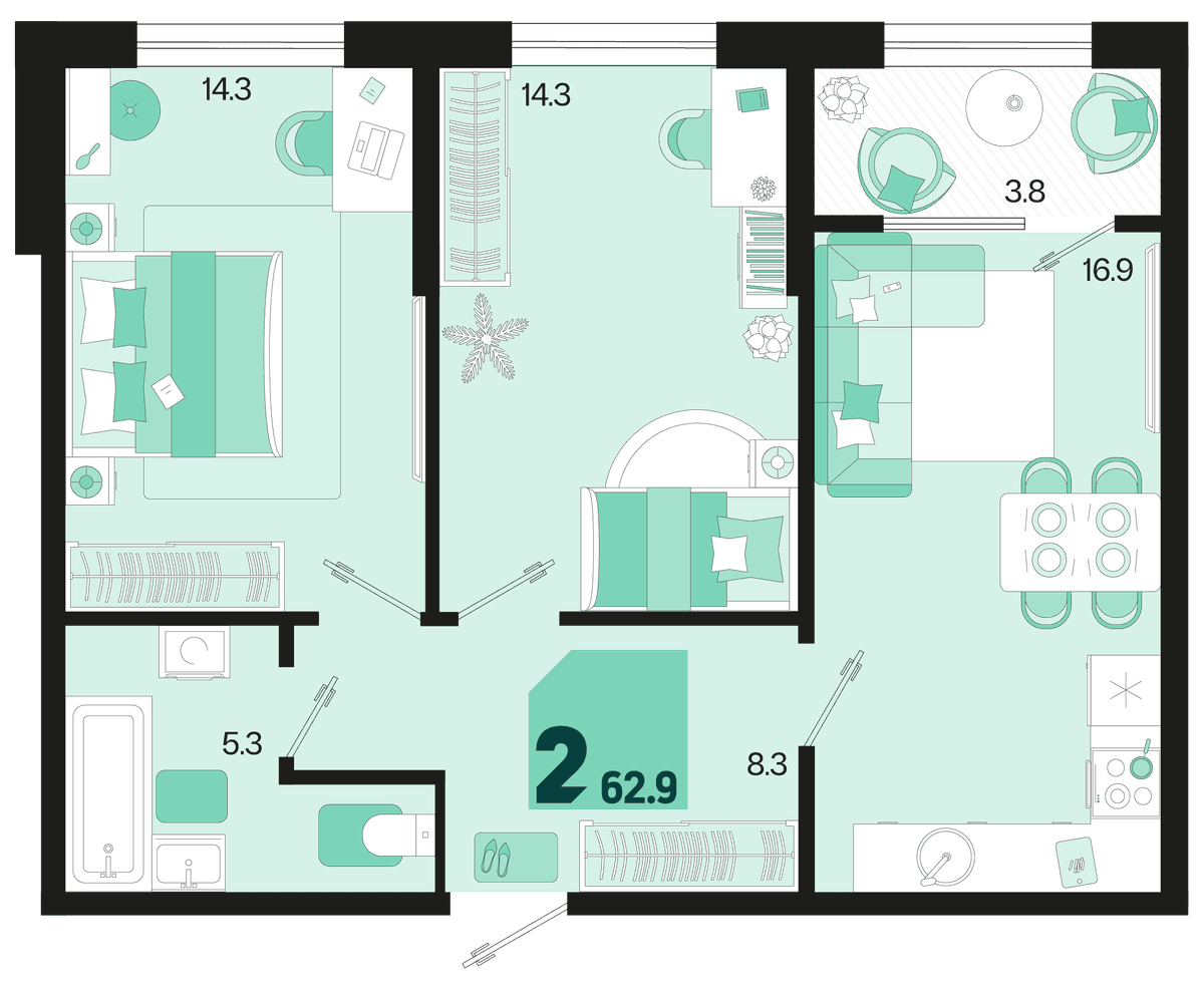 2-к, 62.9 м² · Первое место