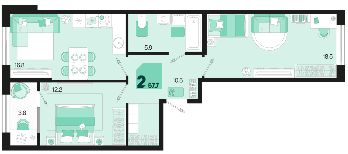 2-к, 67.7 м² · Первое место