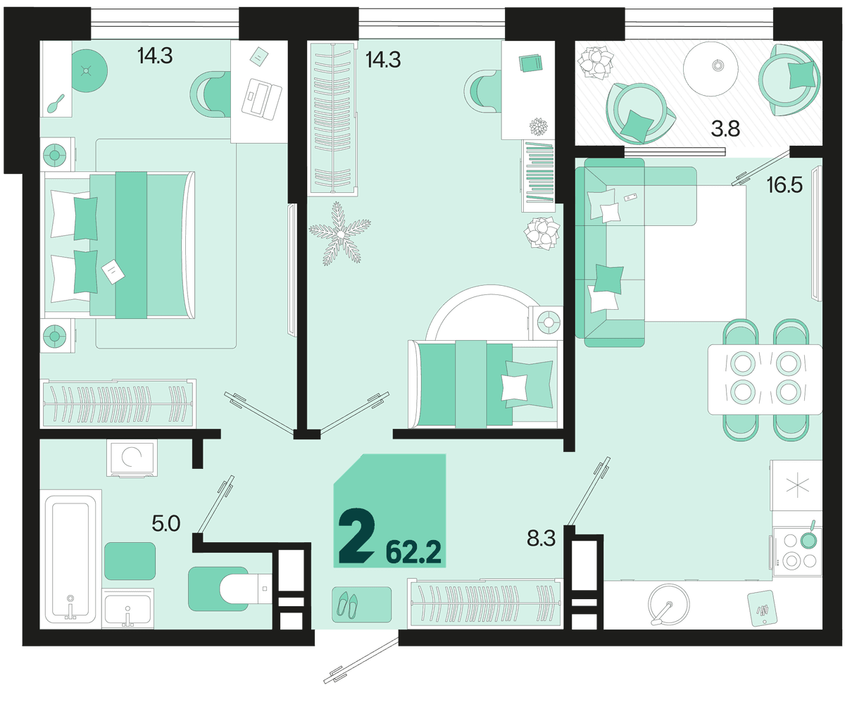 2-к, 62.2 м² · Первое место