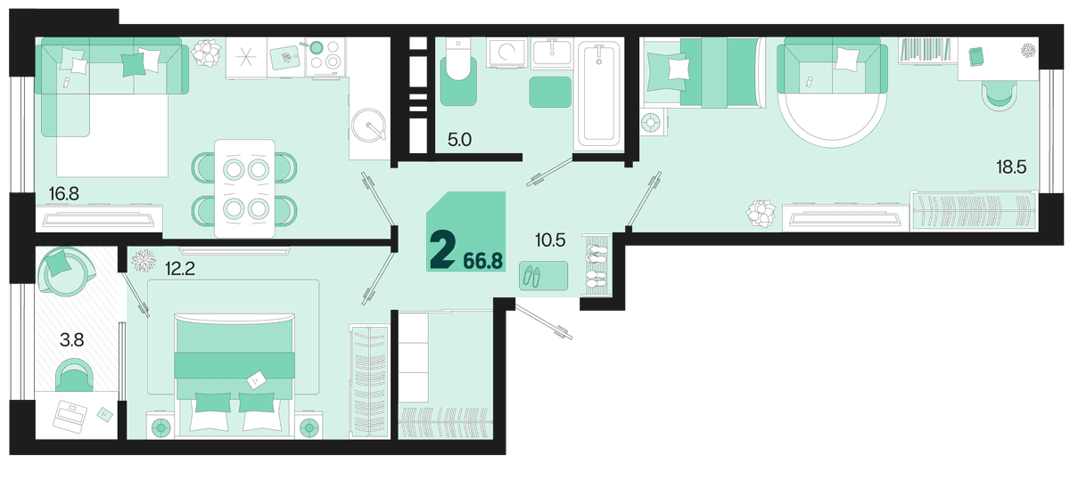 2-к, 66.8 м² · Первое место