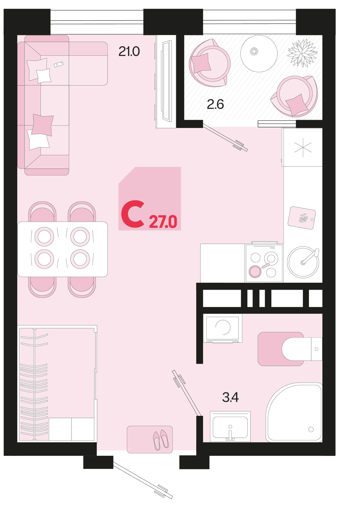 Студия, 27 м² · Первое место