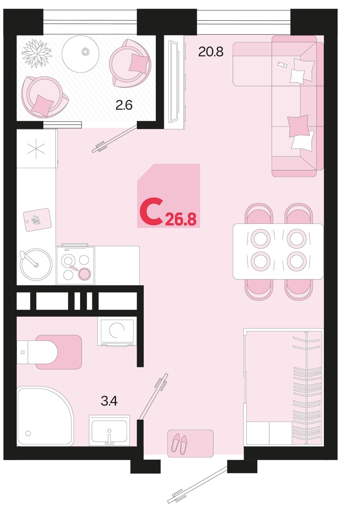 Студия, 26.8 м² · Первое место