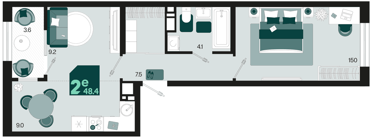 2-к, 48.4 м² · Первое место