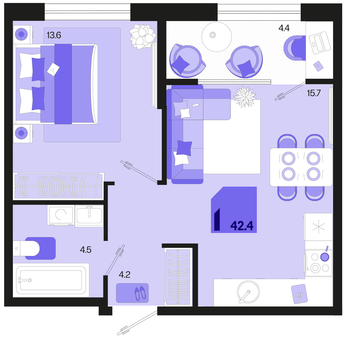 1-к, 42.4 м² · Первое место