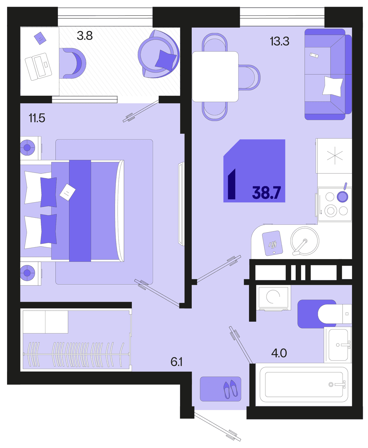 1-к, 38.7 м² · Первое место