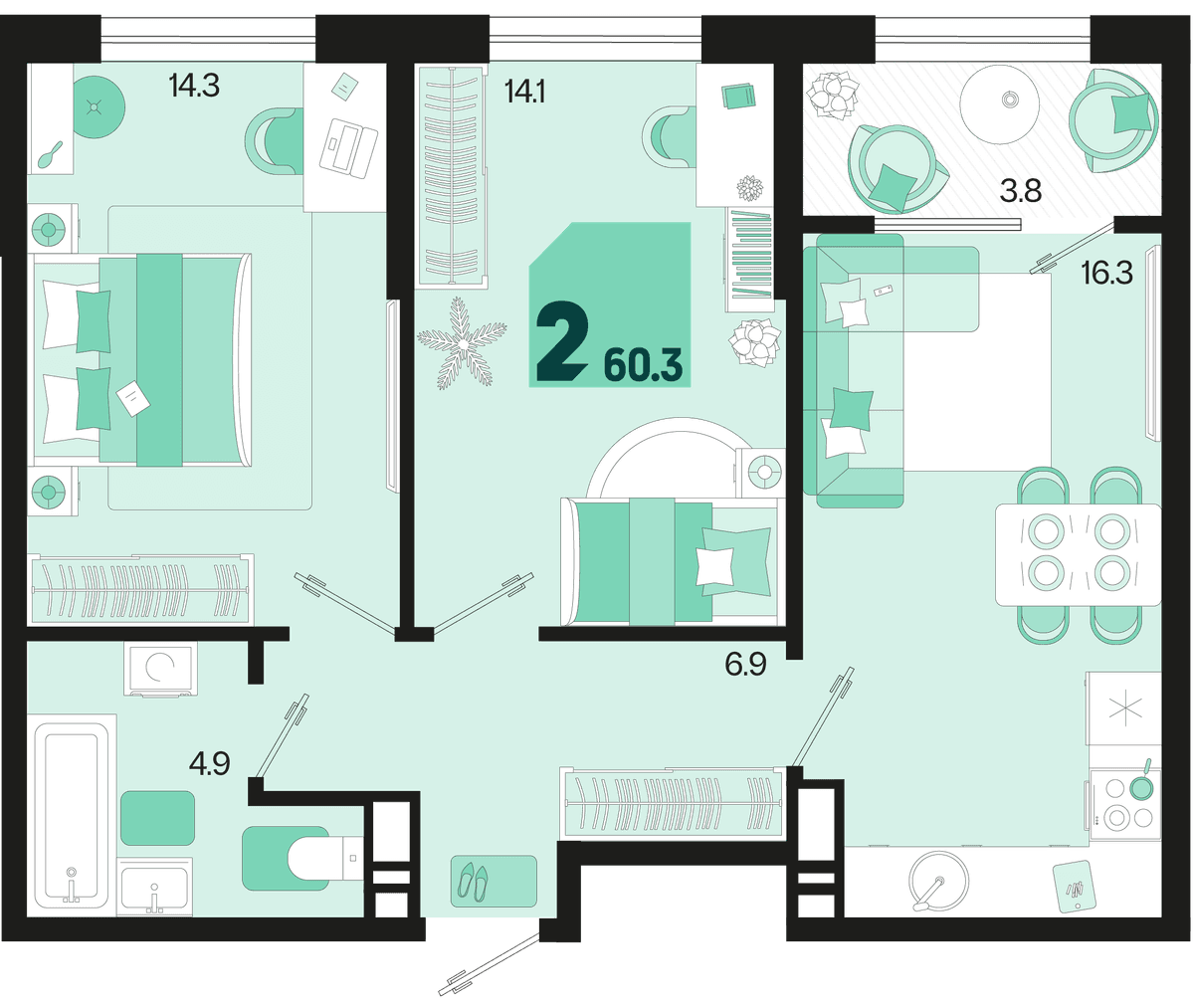 2-к, 60.3 м² · Первое место