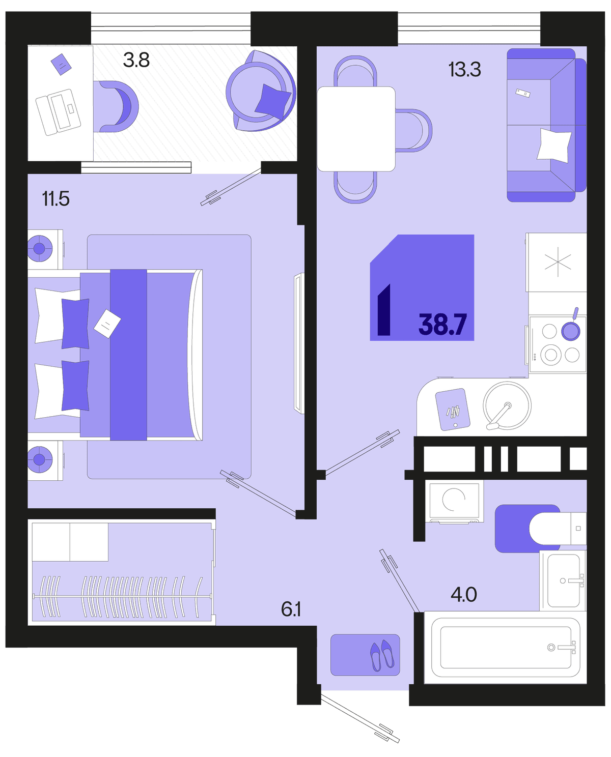 1-к, 38.7 м² · Первое место