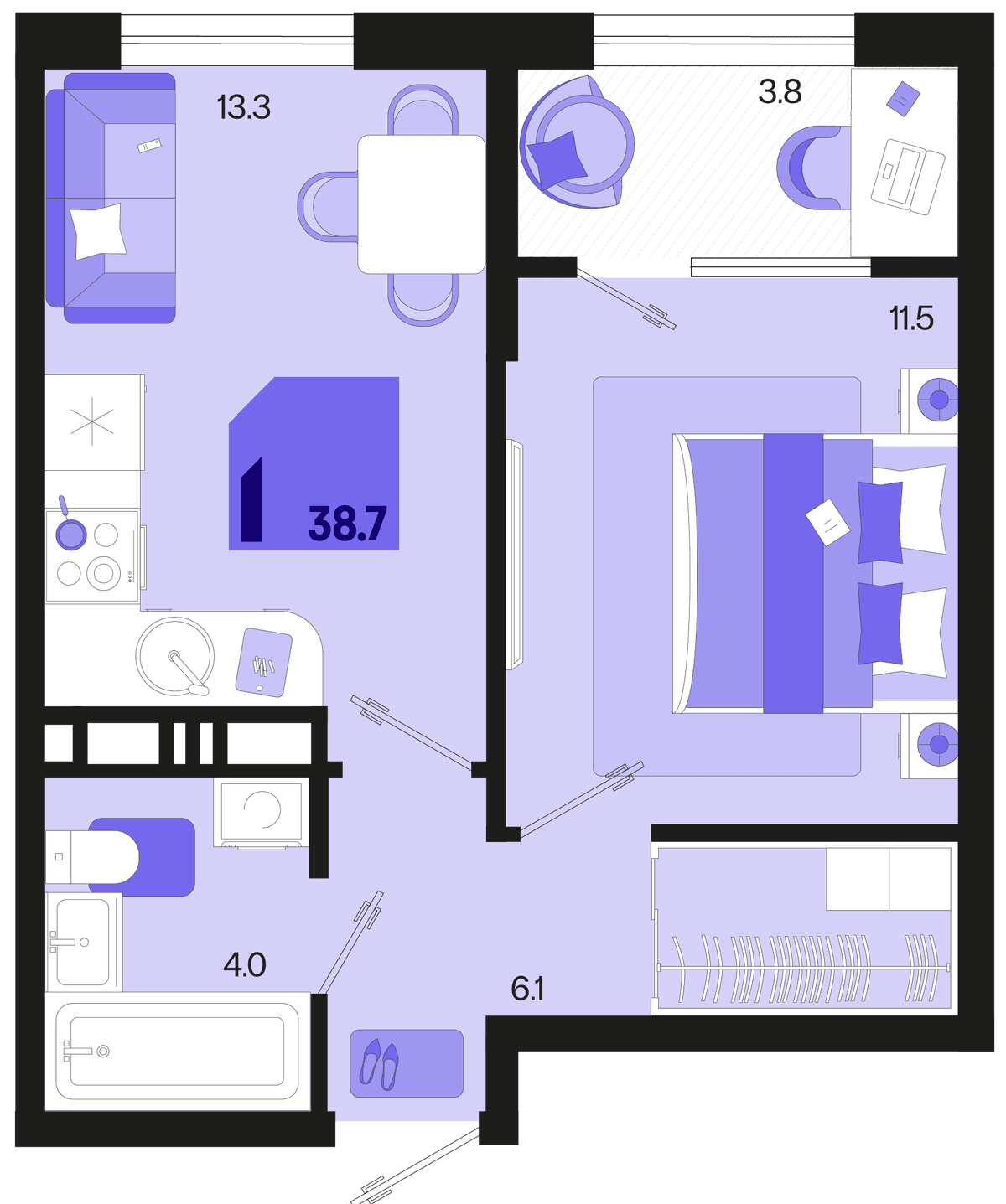1-к, 38.7 м² · Первое место