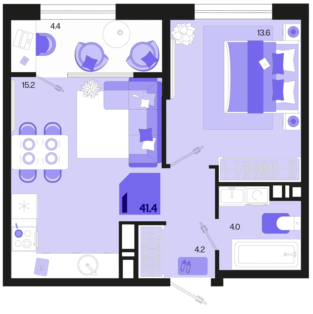 1-к, 41.4 м² · Первое место