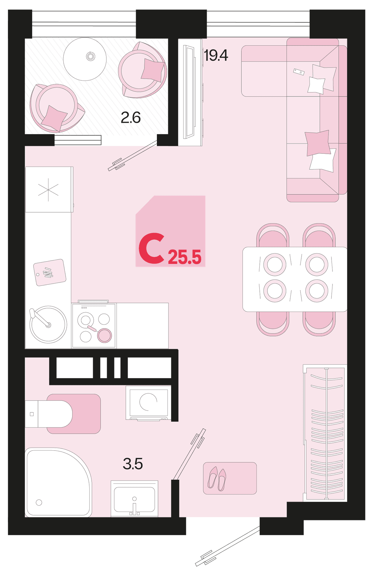 Студия, 25.5 м² · Первое место