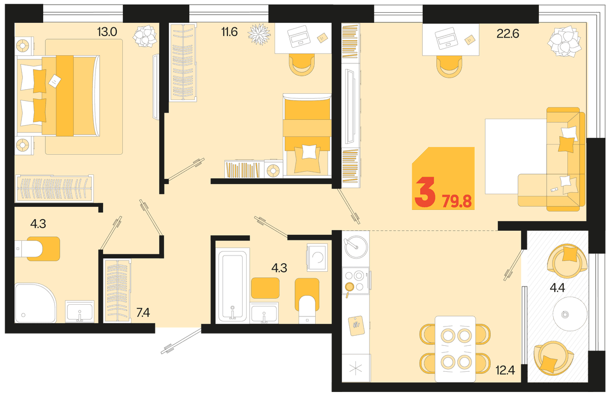 3-к, 79.8 м² · Первое место
