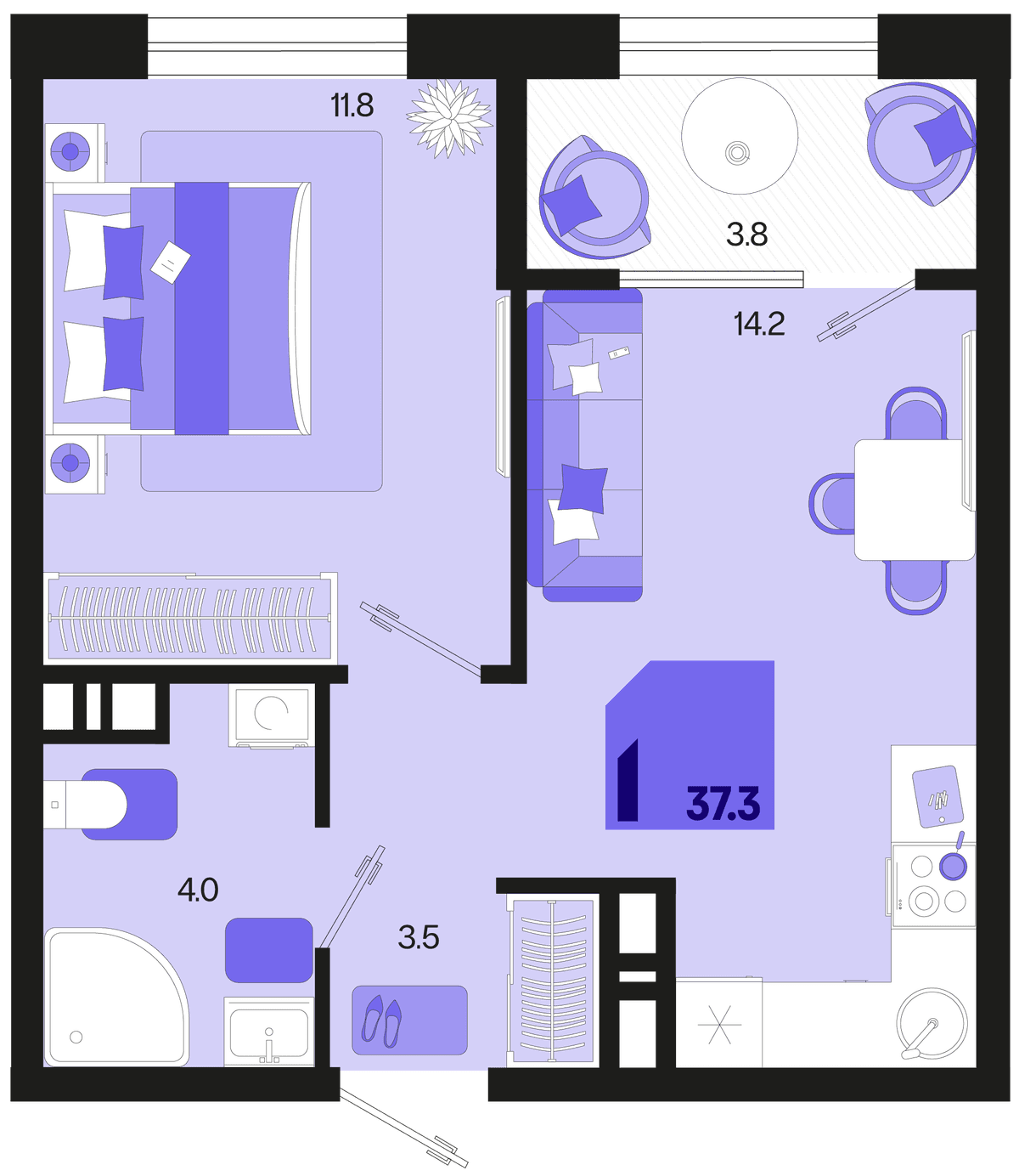 1-к, 37.3 м² · Первое место