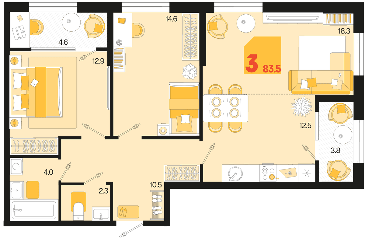 3-к, 83.5 м² · Первое место