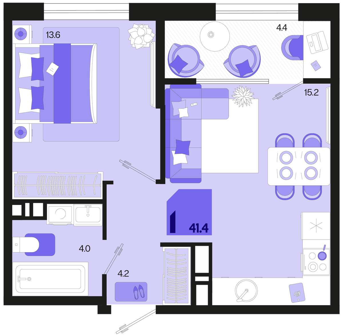 1-к, 41.4 м² · Первое место