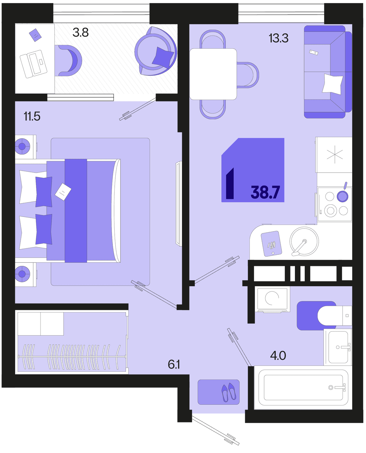 1-к, 38.7 м² · Первое место