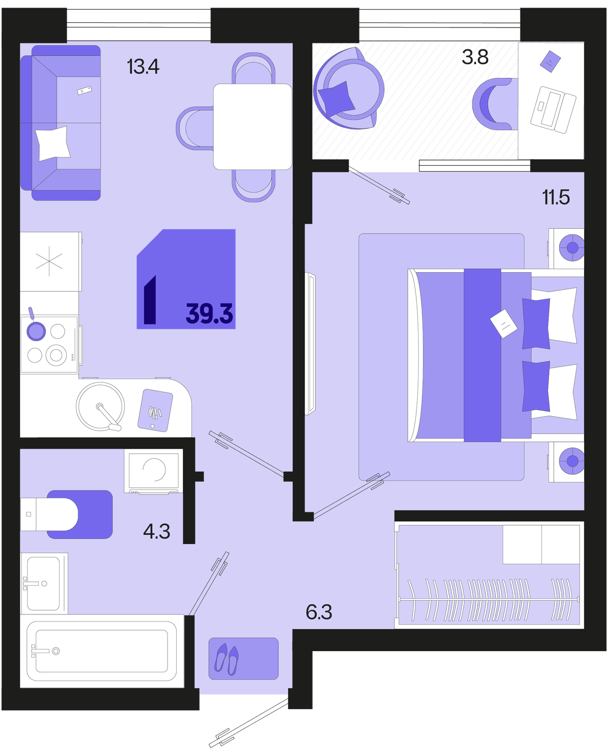 1-к, 39.3 м² · Первое место