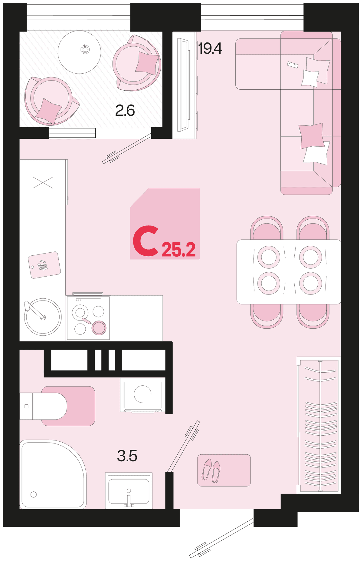 Студия, 25.5 м² · Первое место
