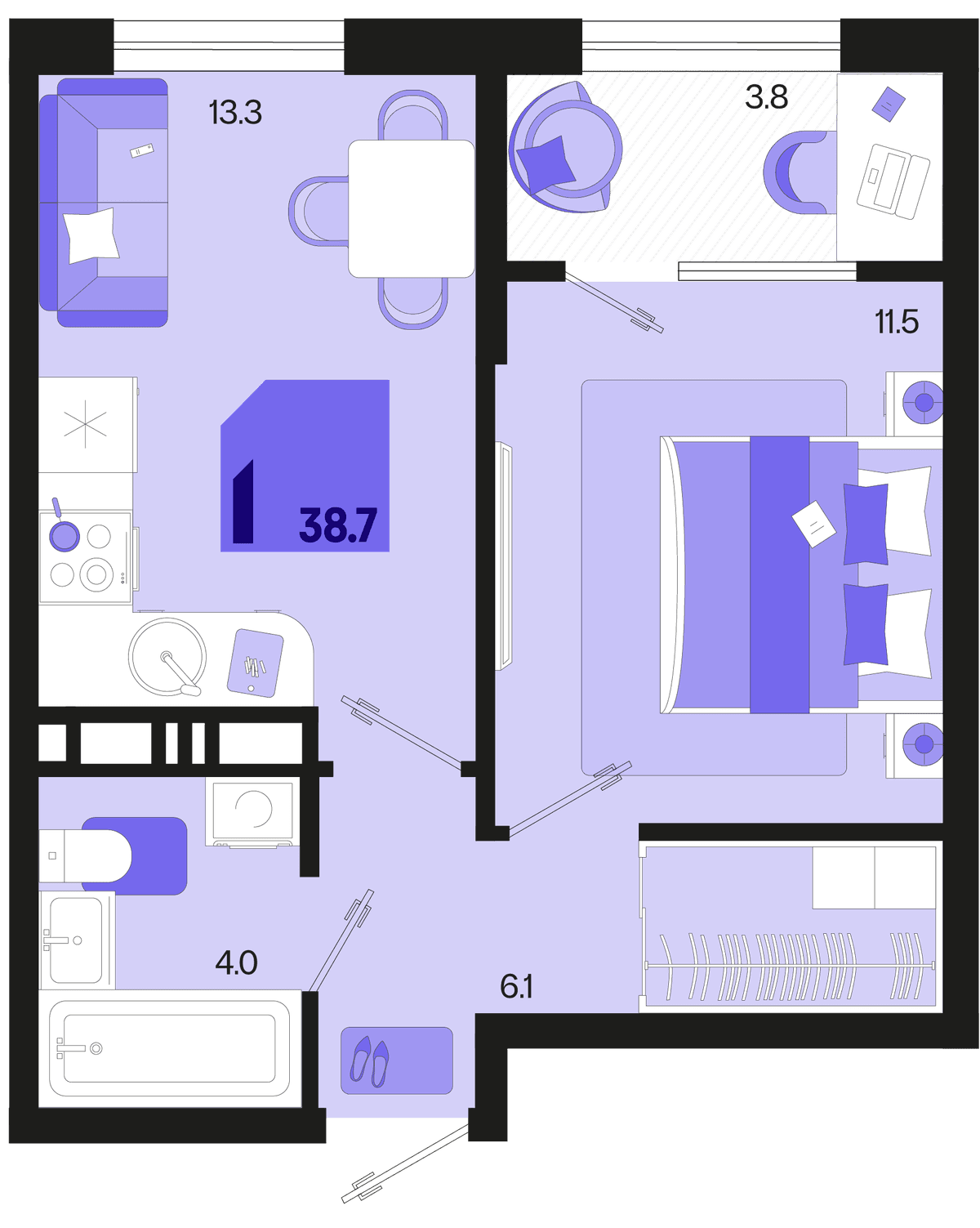 1-к, 38.7 м² · Первое место
