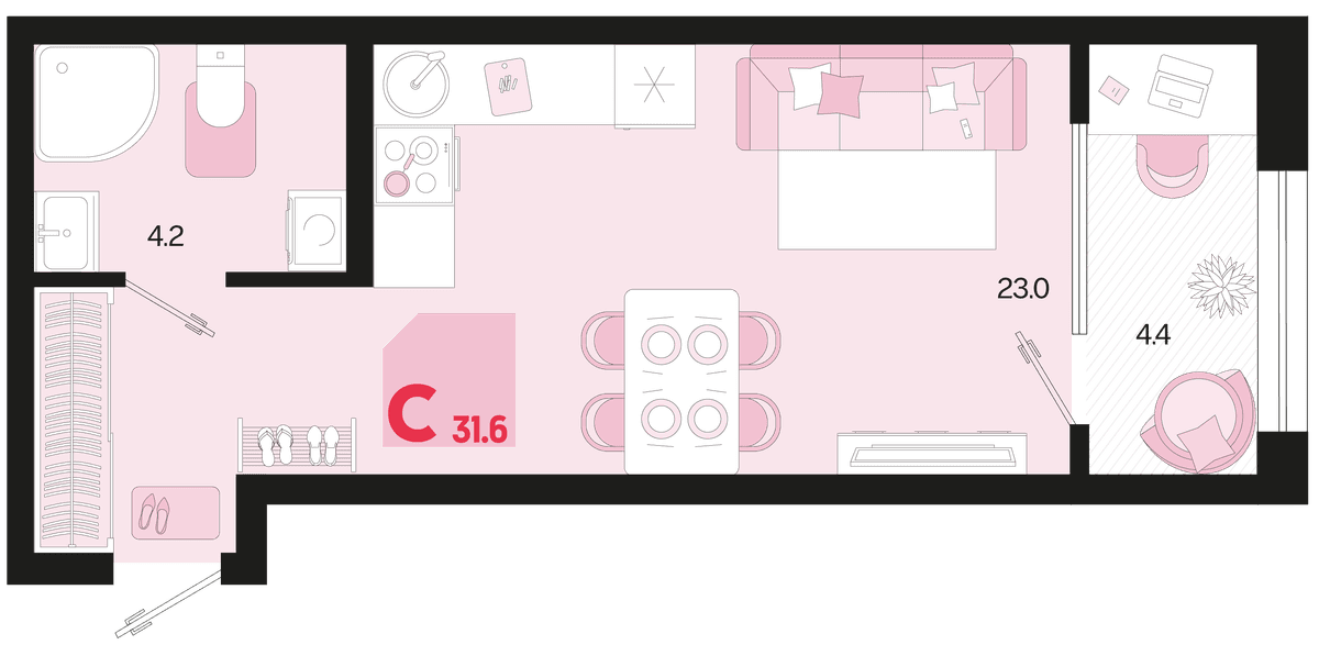 Студия, 31.6 м² · Первое место