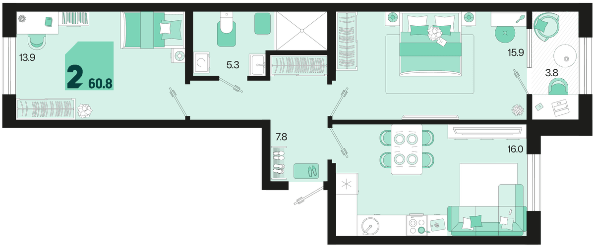 2-к, 62.7 м² · Первое место