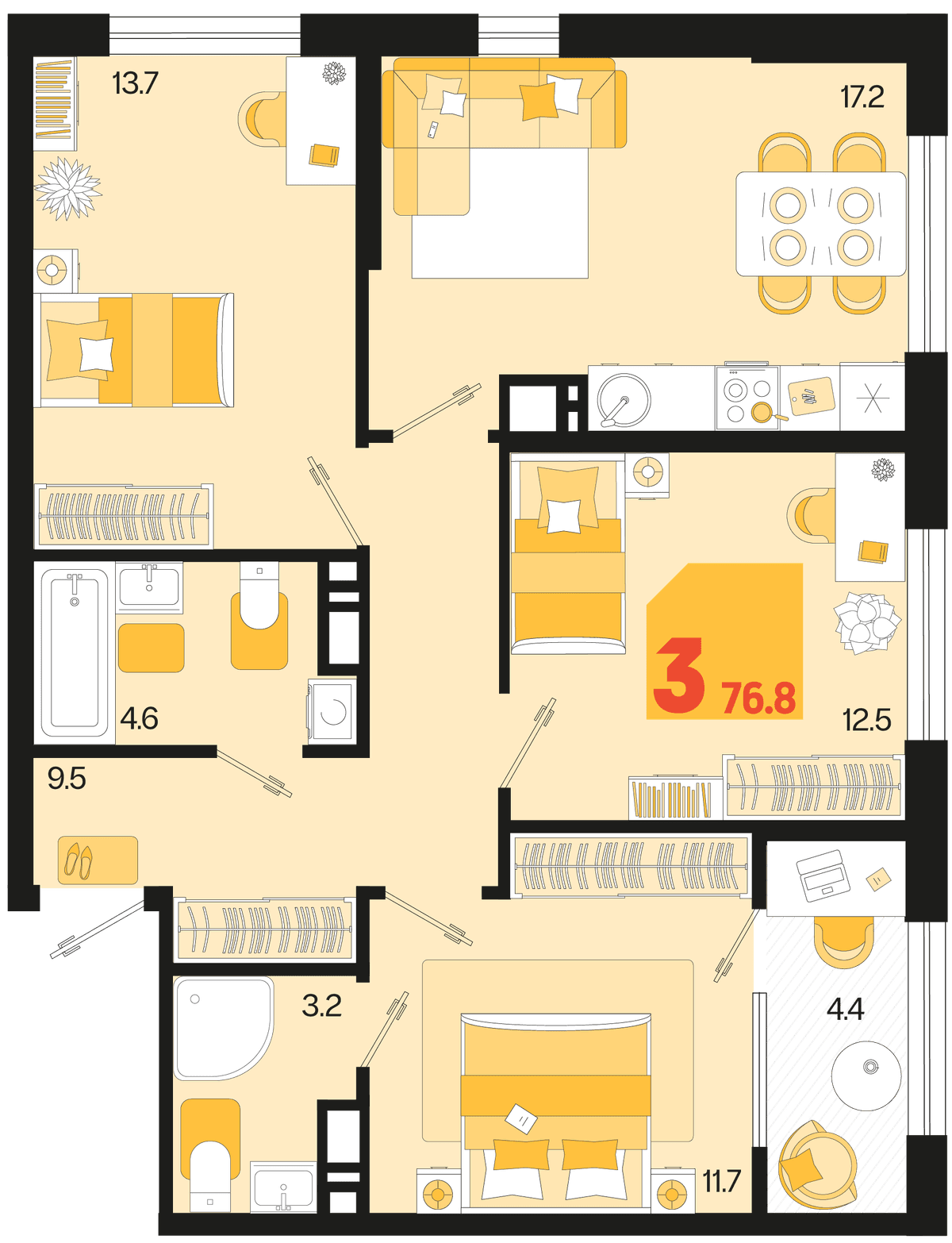 3-к, 76.8 м² · Первое место