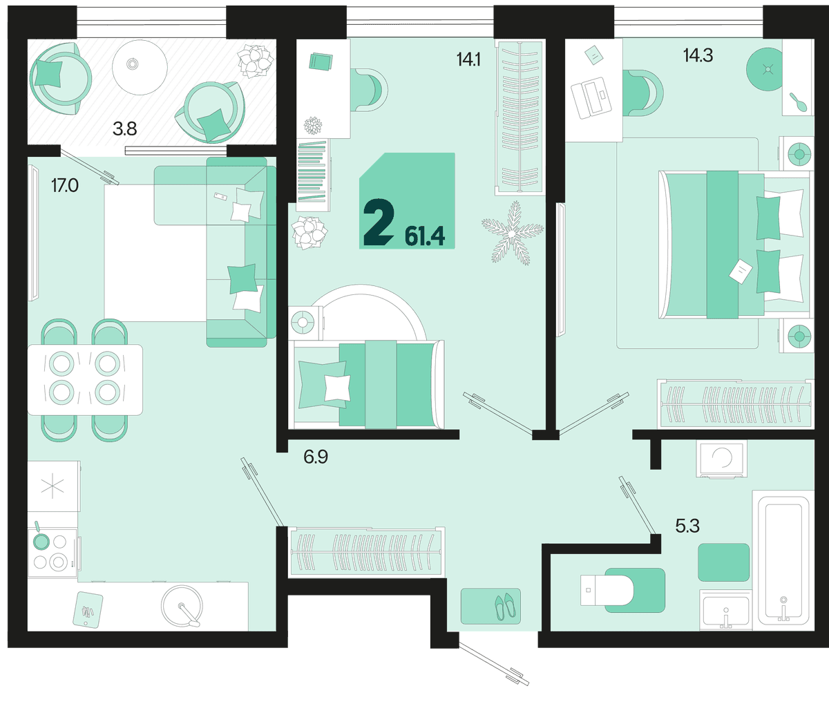 2-к, 61.4 м² · Первое место