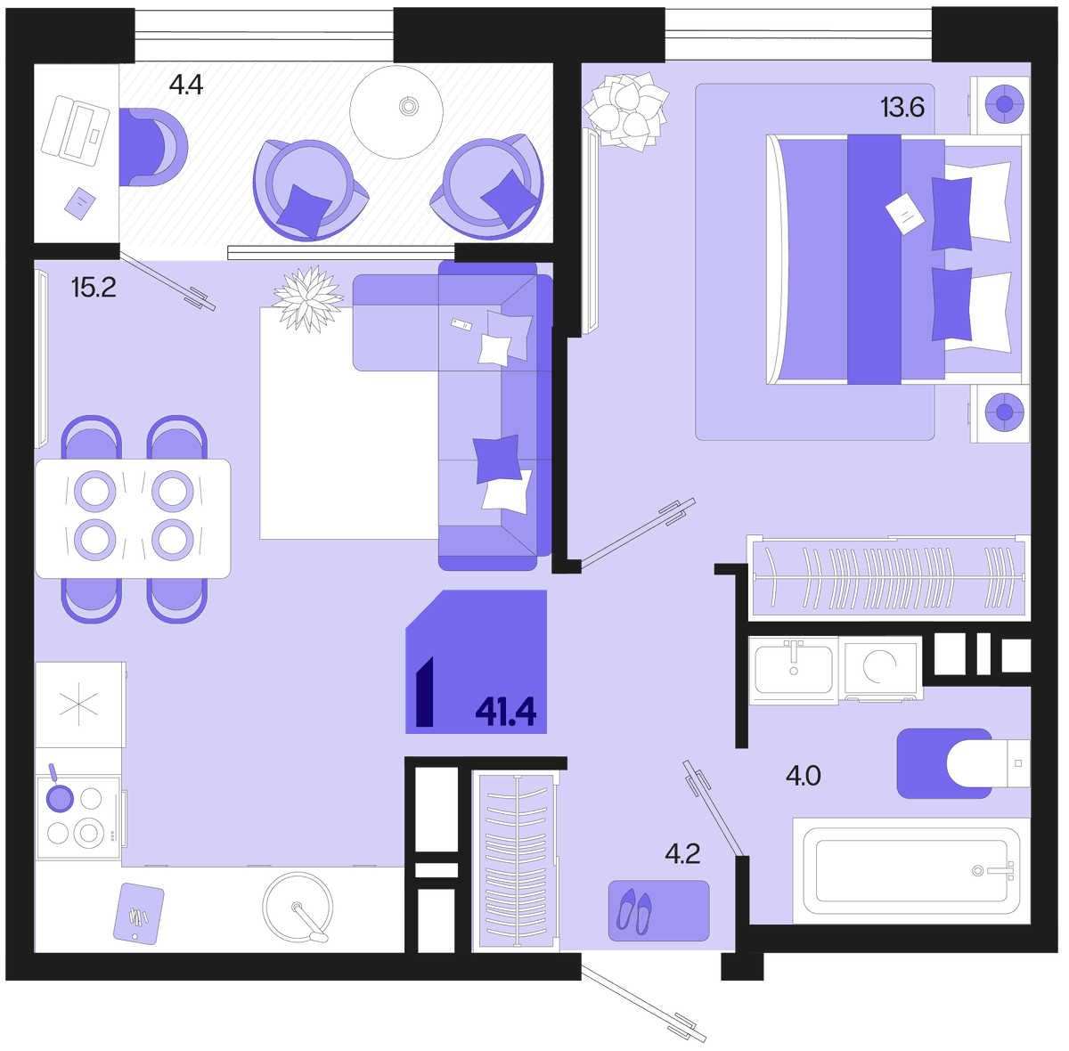 1-к, 41.4 м² · Первое место