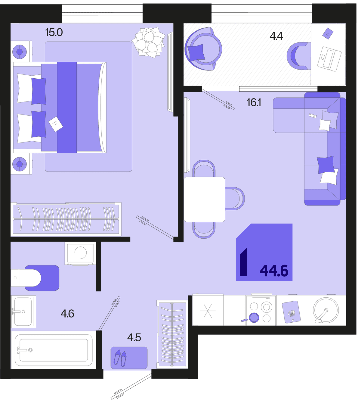 1-к, 44.6 м² · Первое место