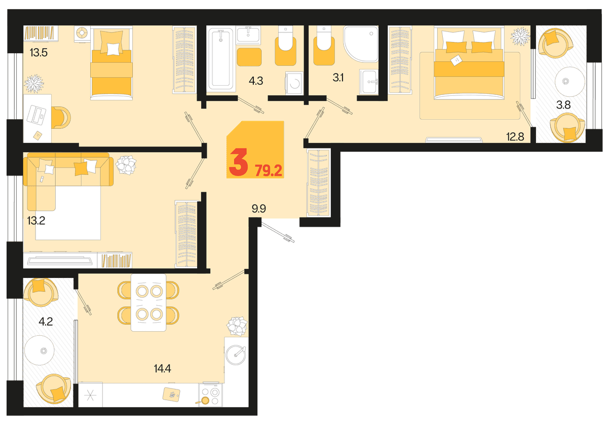 3-к, 79.2 м² · Первое место