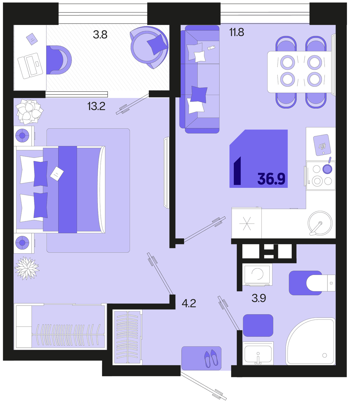 1-к, 36.9 м² · Первое место