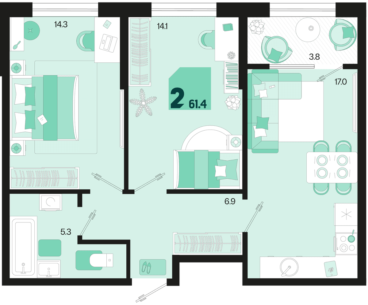 2-к, 61.4 м² · Первое место