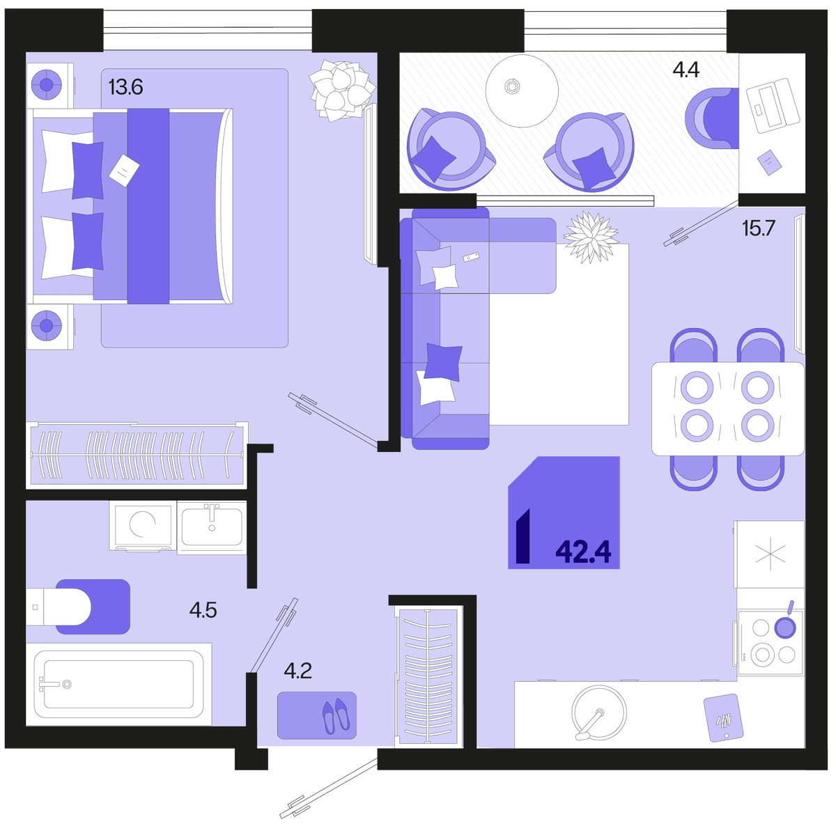 1-к, 42.4 м² · Первое место