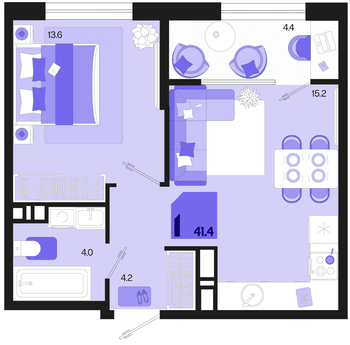 1-к, 41.4 м² · Первое место