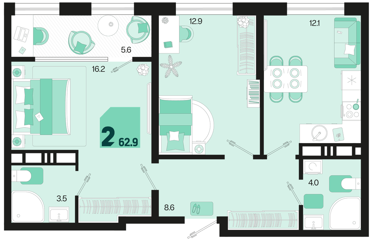 2-к, 62.9 м² · Первое место