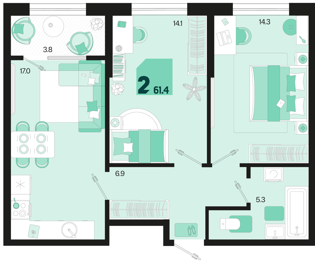 2-к, 61.4 м² · Первое место