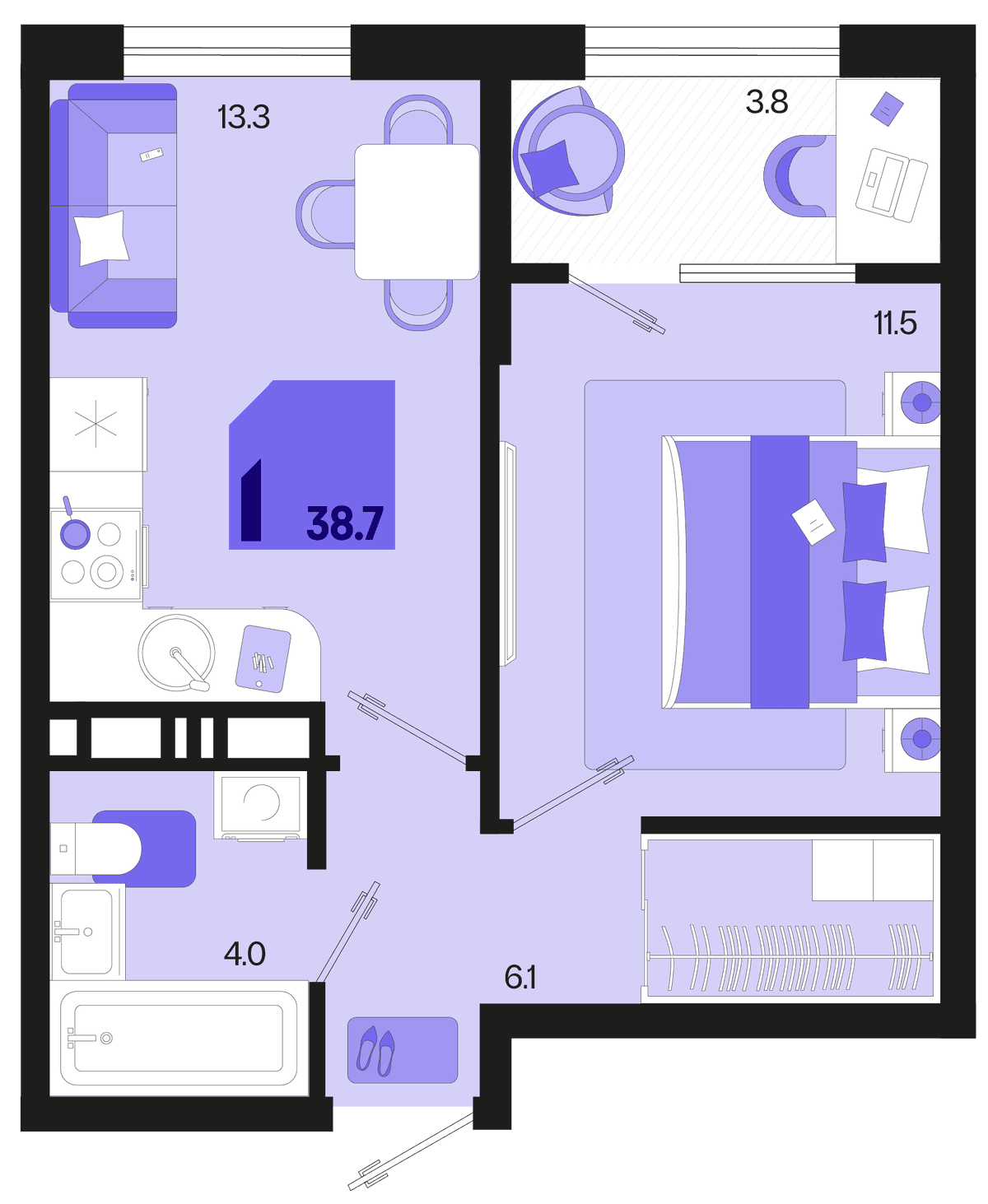 1-к, 38.7 м² · Первое место
