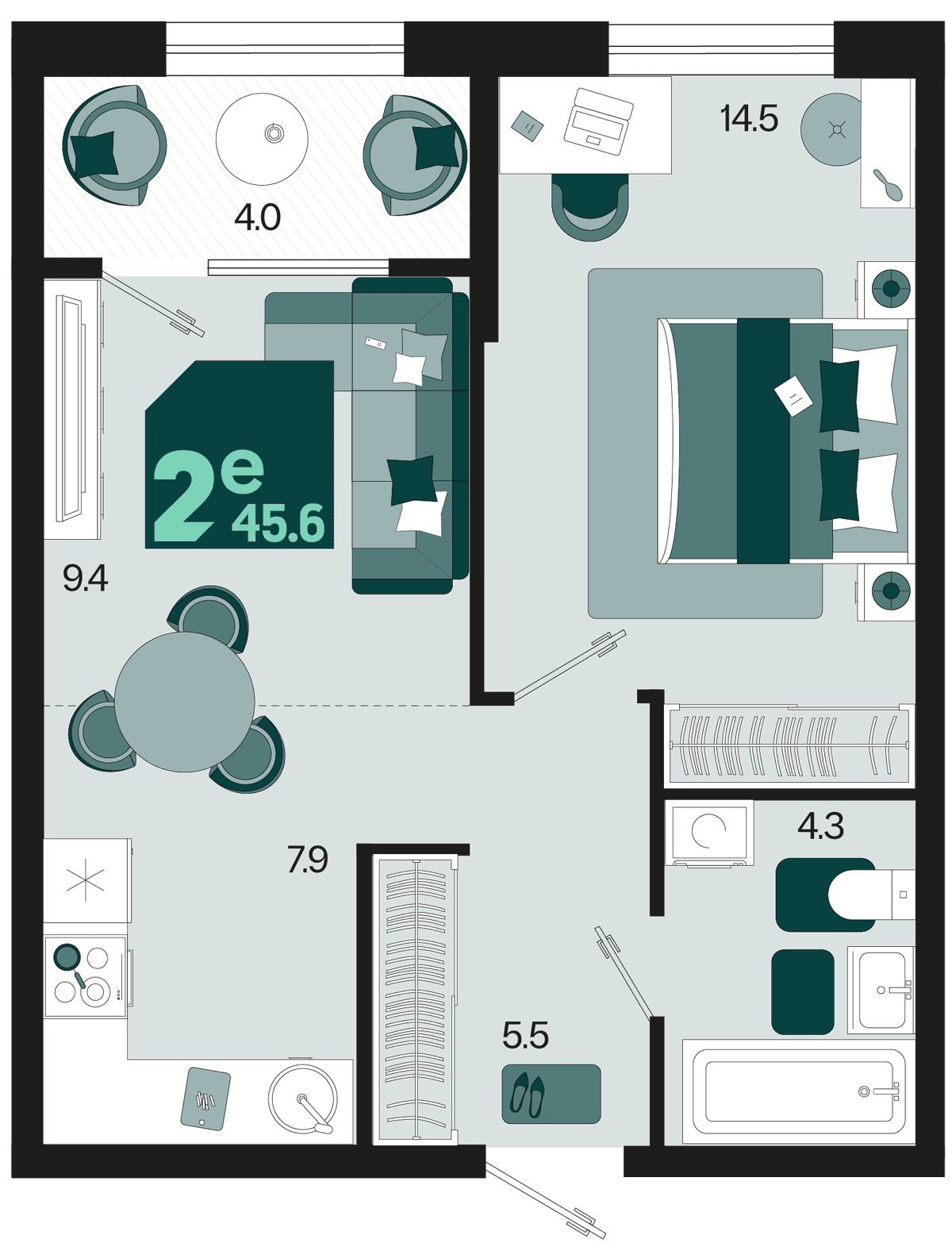 2-к, 45.6 м² · Первое место